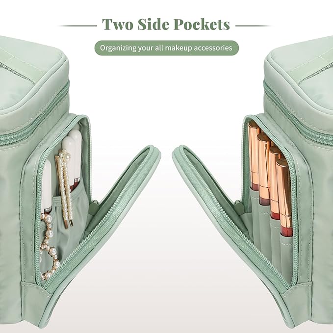 Large Makeup Bag, Portable Travel Makeup Bag Organizer for Women Girls with Makeup Brush Compartment & Two Side Pockets, Cosmetic Travel Bag Vertical Storage Toiletry - Green