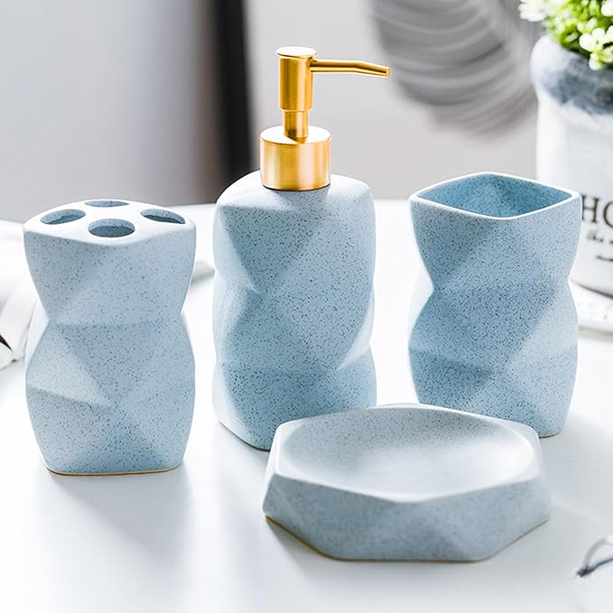 Bathroom Accessories Set,4 Pcs Bathroom Accessory Set,Includes Lotion Soap Dispenser,Toothbrush Holder,Tumbler,Soap Dish,Ceramic Bathroom Sets Complete,Bathroom Sink Set for Modern Home Decor(Blue)