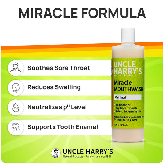 Uncle Harry's Natural Alkalizing Miracle Mouthwash | Adult & Kids Mouthwash for Bad Breath | pH Balanced Oral Care Mouth Wash & Mouth Rinse (16 fl oz)