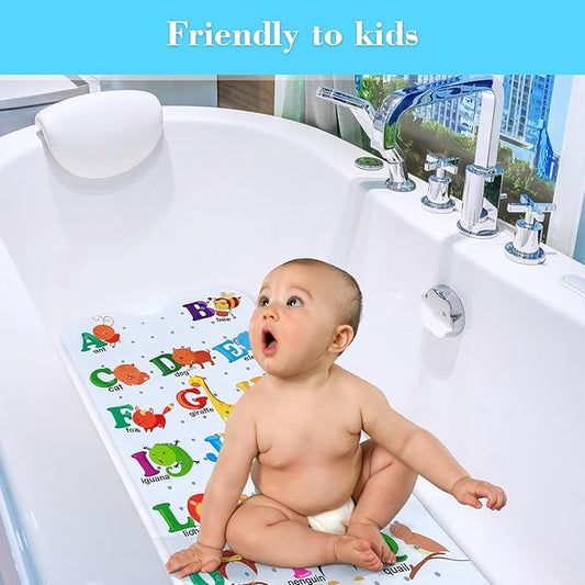 Bath Mat for Tub Non Slip, Machine Washable Anti-Slip Cartoon Baby Bathtub Shower Mat with Drain Holes and Suction Cups for Toddler & Kids (40 Inch x 16 Inch-Rectangular, Alphabet and Animals)