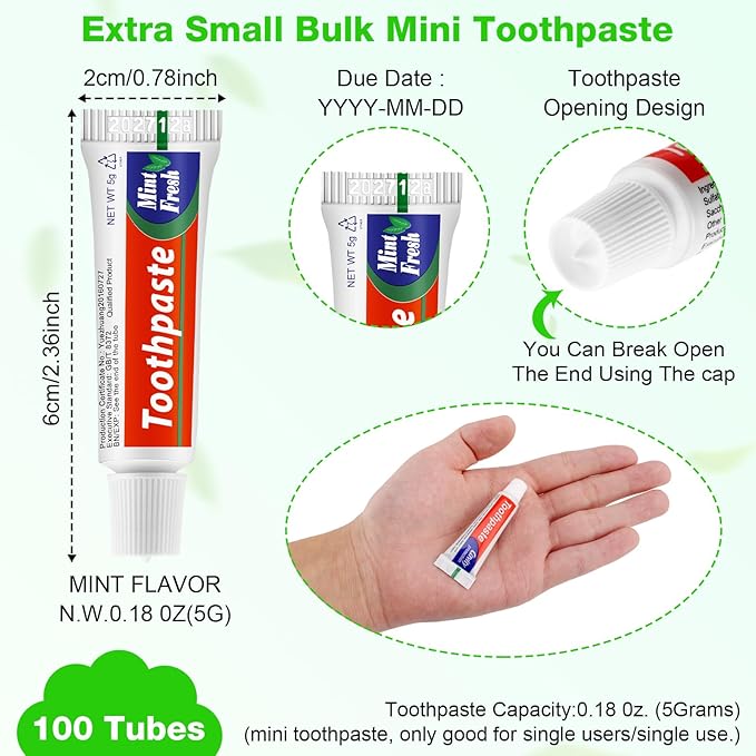 HOFASON 100 Tubes Bulk Travel Size Toothpaste for Bad Breath, 0.18 oz(5 g) Disposable Extra Small 2.28x0.78 inches Mini Toothpaste Peppermint for Guests, Homeless, Hotel, Charity Toiletries