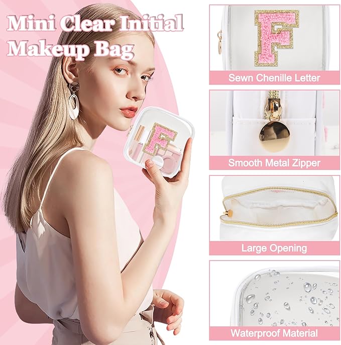 Mini Clear Personalized Initial Makeup Bag,Nylon Preppy A-Z Chenille Letter Patch Zipper Cosmetic Bag, Small Cute Beach Pouch Travel Purse Sanitary Napkin Storage Bag for Women Girls(White-Pink F)
