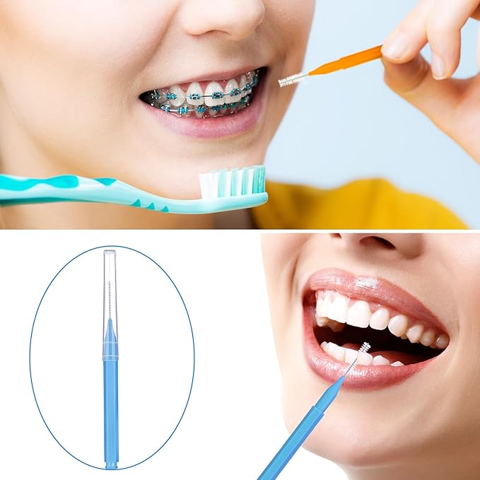 Patelai 100 Pieces Braces Brush for Cleaner Interdental Brush Toothpick Dental Tooth Flossing Head Oral Dental Hygiene Flosser Toothpick Cleaners Tooth Tool (Green, Orange, Blue,Various Sizes)