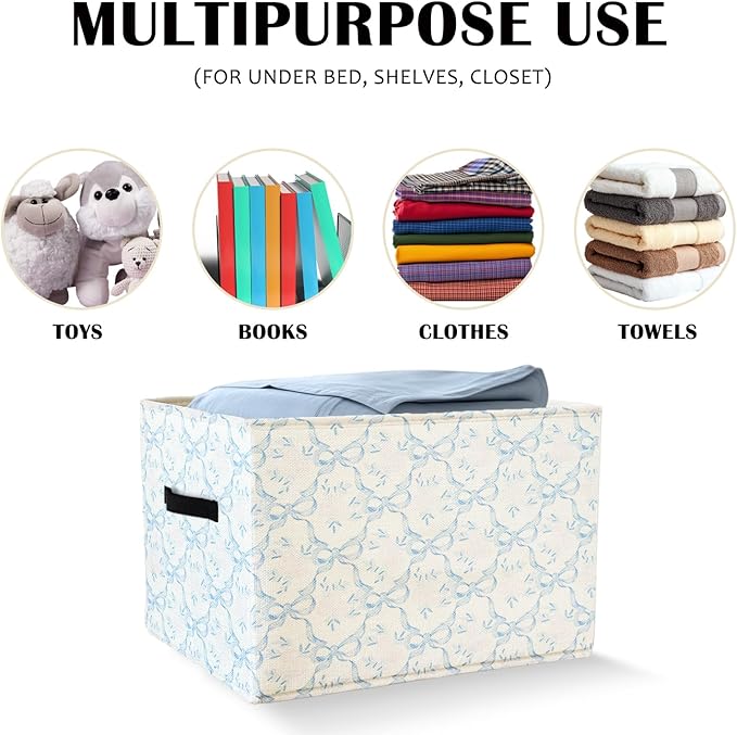 Coquette Blue Bow Floral Storage Basket Bins With Handles for Girls Kids, Bow Floral Pattern Foldable Laundry Basket for Girls Room Nursery Bedroom Bathroom Clothes Toys Books