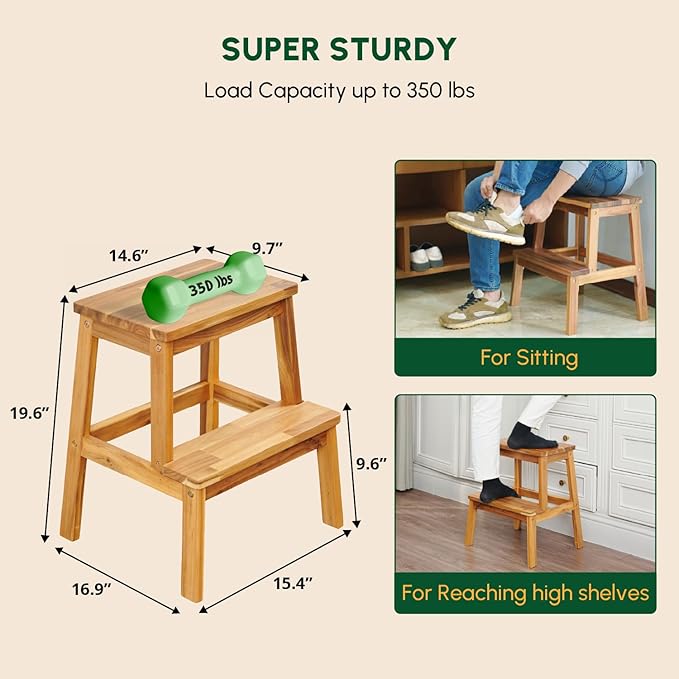 BEEFURNI 2 Step Wood Stool, Wooden Stepping Stools for Adults & Kids 350 lbs, Kids Stepping Chair, Bathroom, Bedroom Bench, Closet Climbing Chair, Easy to Assemble, 1 Year Manufacturer Warranty