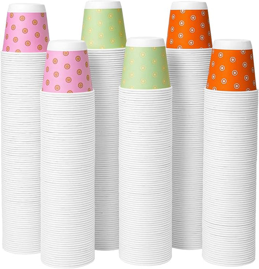 Tamone 600 Pack 3 oz Bathroom Cups Small Paper Cups, Disposable Mouthwash Cups with Dot, Pink, Green, Yellow, Disposable 3 oz Paper Cups for Party, Picnic, BBQ, Travel, Home