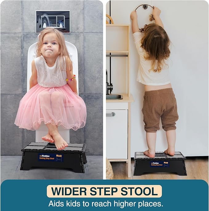 Flottian 5" Folding Step Stool for Adults and Kids 15-Inch Extra Wide Stool Holds Up to 300 lbs,Non-Slip Folding Stools with Handle,Compact Plastic Foldable Step Stool for Bathroom,Kitchen,ect Black