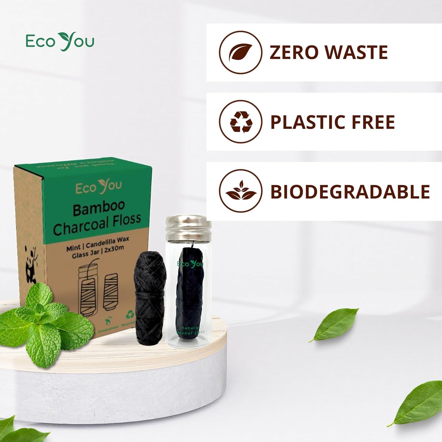 Charcoal Bamboo Floss | 2 Natural Floss Refill with Glass Container | Organic Mint & Candelilla Wax | Vegan & Biodegradable | Compatible w/Similar Dental Floss Silk Refill Containers