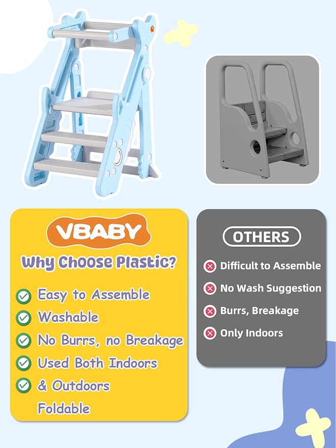 VBABY Foldable Toddler Tower, Plastic Kitchen Stool Helper for Kids, Adjustable Height Standing Tower, Certified Toddler Step Stool, Blue