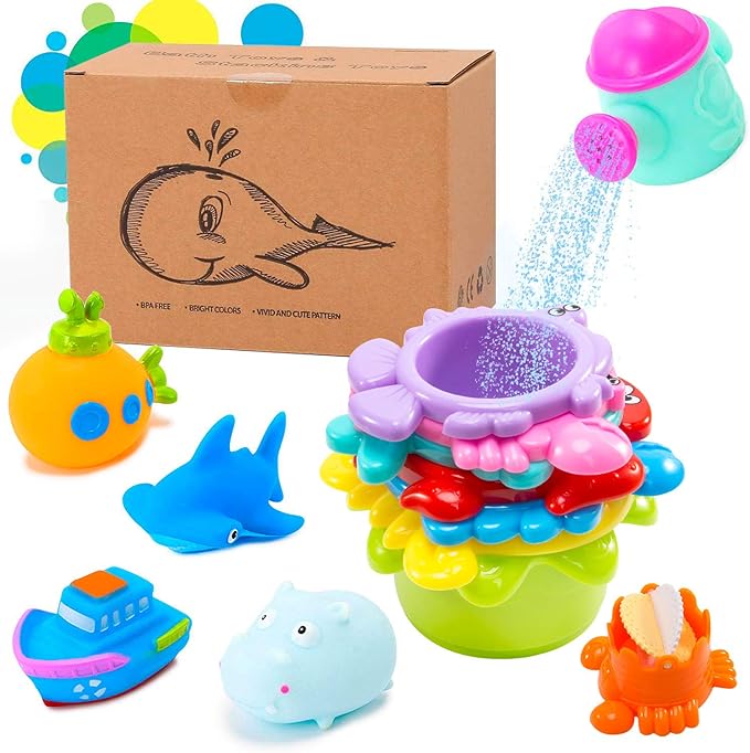 INNOCHEER Baby Bath Toys for Toddlers, Water Table Toys with Mold Free Stacking Cups, Quick Dry Organizer Net, 13 Pcs Bathtub Game, Beach and Pool Party