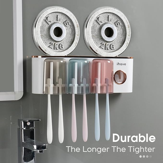 iHave Toothbrush Holders Bathroom Accessories with Toothpaste Dispenser, 3 Cups Toothbrush Holder Wall Mounted Bathroom Decor