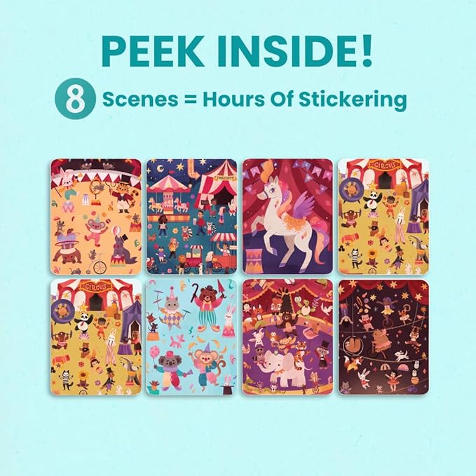 Cupkin Circus Show Activity Set for Kids, Side by Side Sticker Collection, Toddler Travel Essentials, 300+ Circus-Themed Stickers + 8 Play Scenes and Coloring Pages, Small Activity Pack