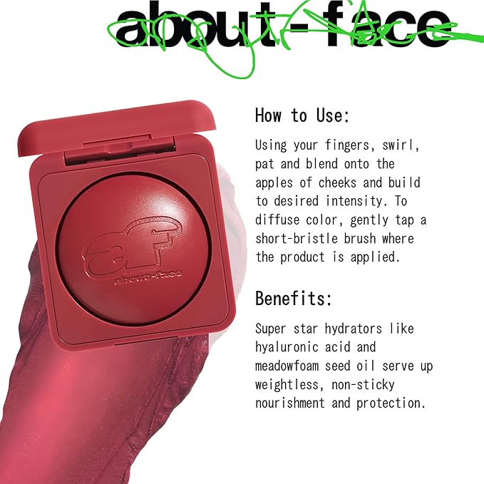 about-face Cheek Freak Blush Balm – Buildable Cream Blush with Hyaluronic Acid & Meadowfoam Seed Oil – Vegan, Cruelty-Free, Clean Beauty – 0.35 oz (Smash – Rosy Red)