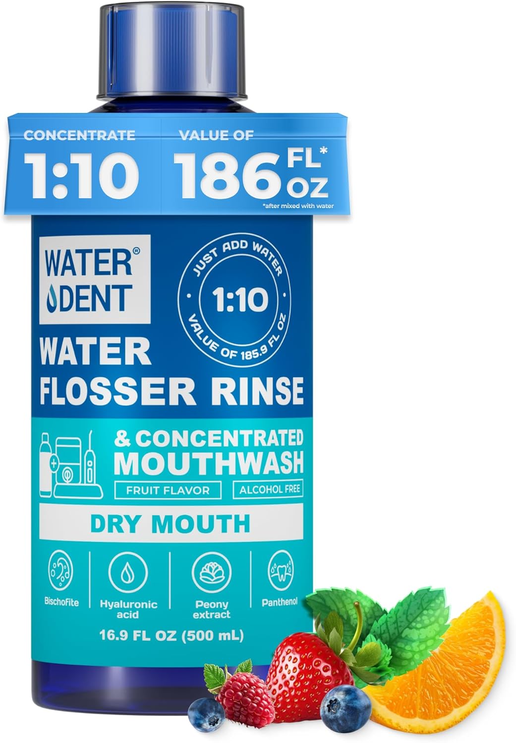 Concentrated Irrigant and mouthwash Dry Mouth | Add to Water Flossers | Fruit Flavor | When dilluted 16.9 fl.oz = 186 fl.oz | Alcohol Free, Fluoride Free. Made in USA (Non-Medical) WATER DENT