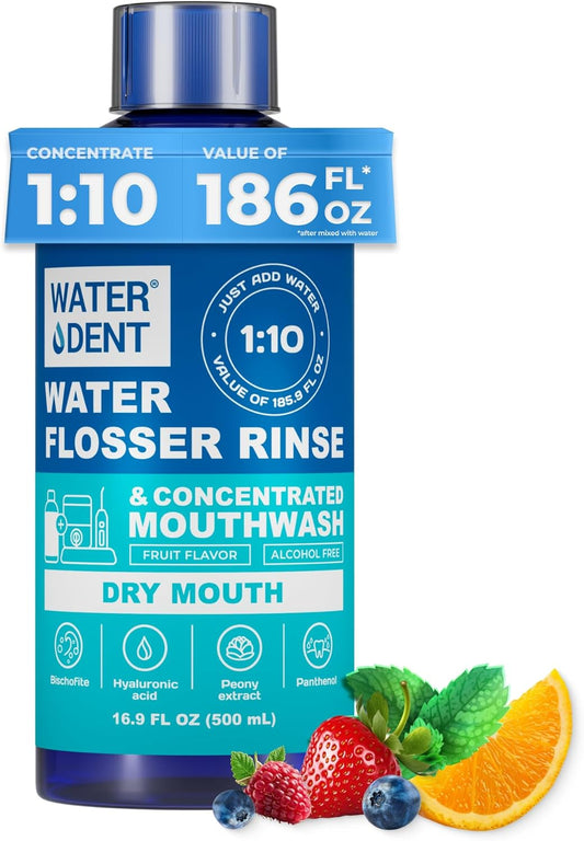 Concentrated Irrigant and mouthwash Dry Mouth | Add to Water Flossers | Fruit Flavor | When dilluted 16.9 fl.oz = 186 fl.oz | Alcohol Free, Fluoride Free. Made in USA (Non-Medical) WATER DENT