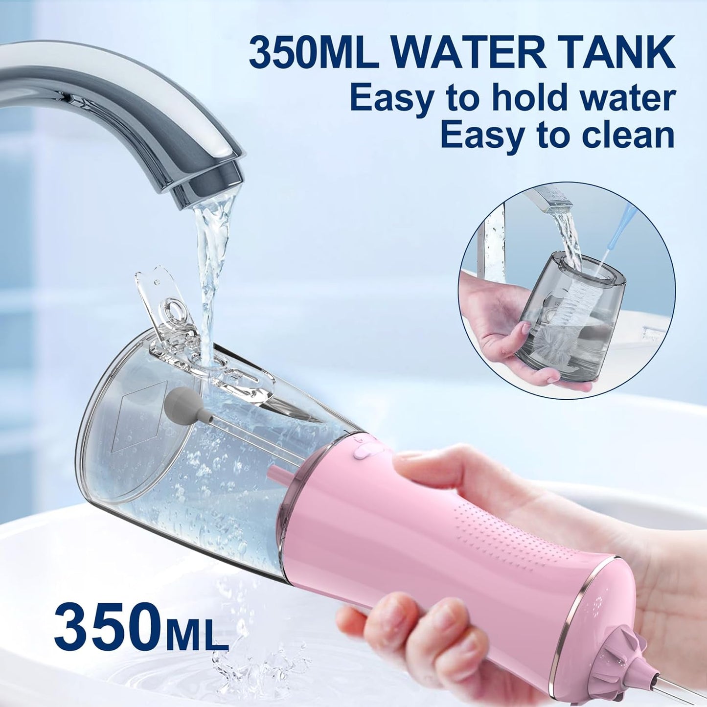 Water Dental Flosser for Teeth - 350ML Large Tank 5 Modes & 6 Tips Cordless, Oral Irrigator Waterproof, Portable Teeth Cleaning and Flossing with Effective Plaque Remover for Adults (Pink)