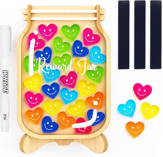 Magnetic Reward Jar, 9" DIY Name 40+ Tokens Heart Face Magnetic Reward Jar Gifts for Classroom, Classroom Reward Jar, Classroom Management Tool, Back to School Gift for Kids