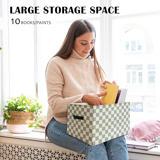 Sage Green Checkered Storage Basket Organizer Bins With Handles,Rectangular Organizing Decorative Storage Basket for Kids,Cute Aesthetic Checkered Room Decor for Bedroom Bathroom Classroom