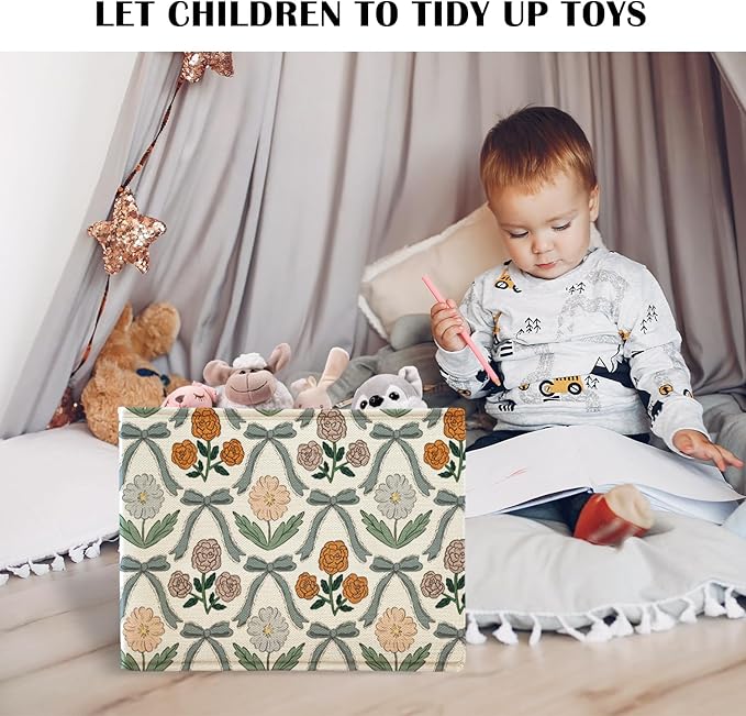 Coquette Blue Bow Floral Rectangular Storage Basket Organizer Bin Box with Handles,Girls Room Decorative Storage Baskets Toybox for Girls Room Dorm Bedroom Bathroom Clothes Toys Books