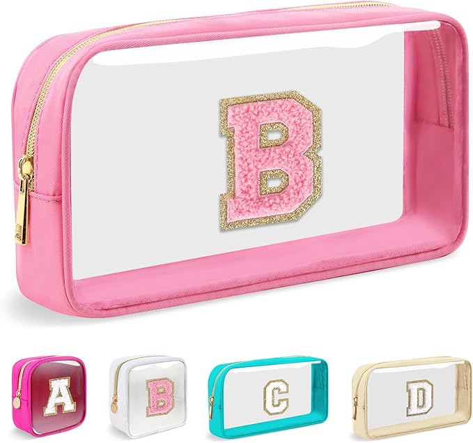 Small Clear Personalized Initial Makeup Bag,Nylon Preppy A-Z Chenille Letter Patch Cosmetic Pouch Beach Toiletry Bag,Waterproof Zipper Travel Purse Storage Bag Organizer for Women Girls(Pink-Pink B)