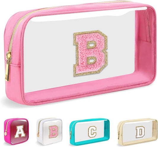 Small Clear Personalized Initial Makeup Bag,Nylon Preppy A-Z Chenille Letter Patch Cosmetic Pouch Beach Toiletry Bag,Waterproof Zipper Travel Purse Storage Bag Organizer for Women Girls(Pink-Pink B)