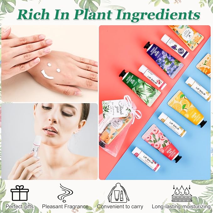 50 Sets Hand Cream Bulk and Lip Balm Bulk Gifts, Stocking Stuffers for Women, Christmas Gifts, Bridesmaid Gifts for Guests with Thank Card Organza Bags, Wedding Favors, Thank You Gifts and Small Gifts