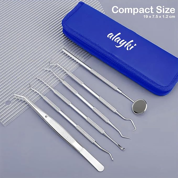 Stainless Steel Dental Kit - 6 Pack Dental Tools with Tooth Mirror, Dental Hygiene Kit for Adults, Kids, Dogs with Mirror, Picks, Travel Case (Blue)