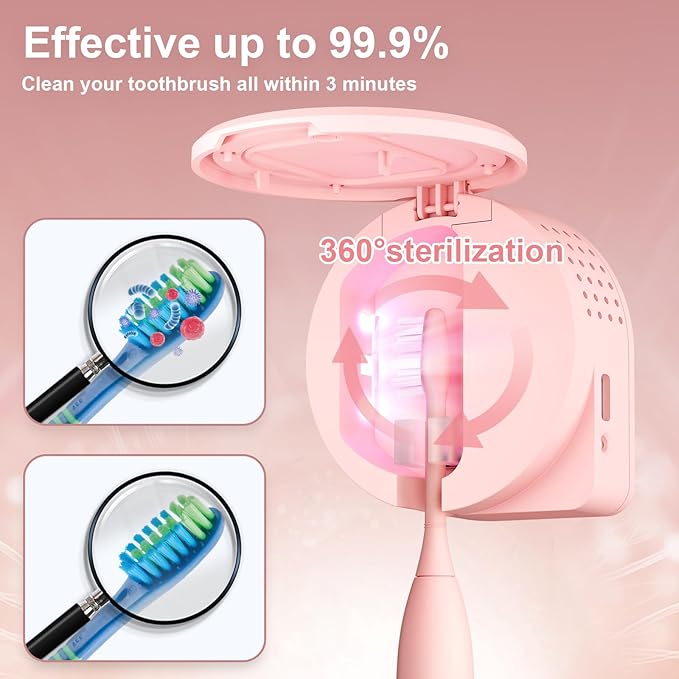 UV Toothbrush Sanitizer Holder, Toothbrush Sanitizer and Holder Cover Caps with Fan Drying, Rechargeable Portable Toothbrush Cleaner Case Fits Most Electric and Manual Toothbrushes (Pink)