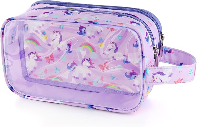 Kids Toiletry Bag for Girls, Travel Clear Toiletry Bag for Little Young Girls Cosmetic Bag Makeup Bag Waterproof Hanging Toddler Wash Bag, Purple Unicorn