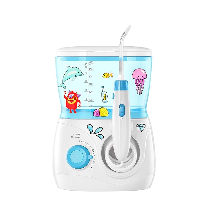 ToiletTree Products Children's Countertop Water Flosser - Dental Oral Irrigator for Kids - BPA-Free Dental Water Flosser with 600mL Capacity and Adjustable Water Pressure - Blue