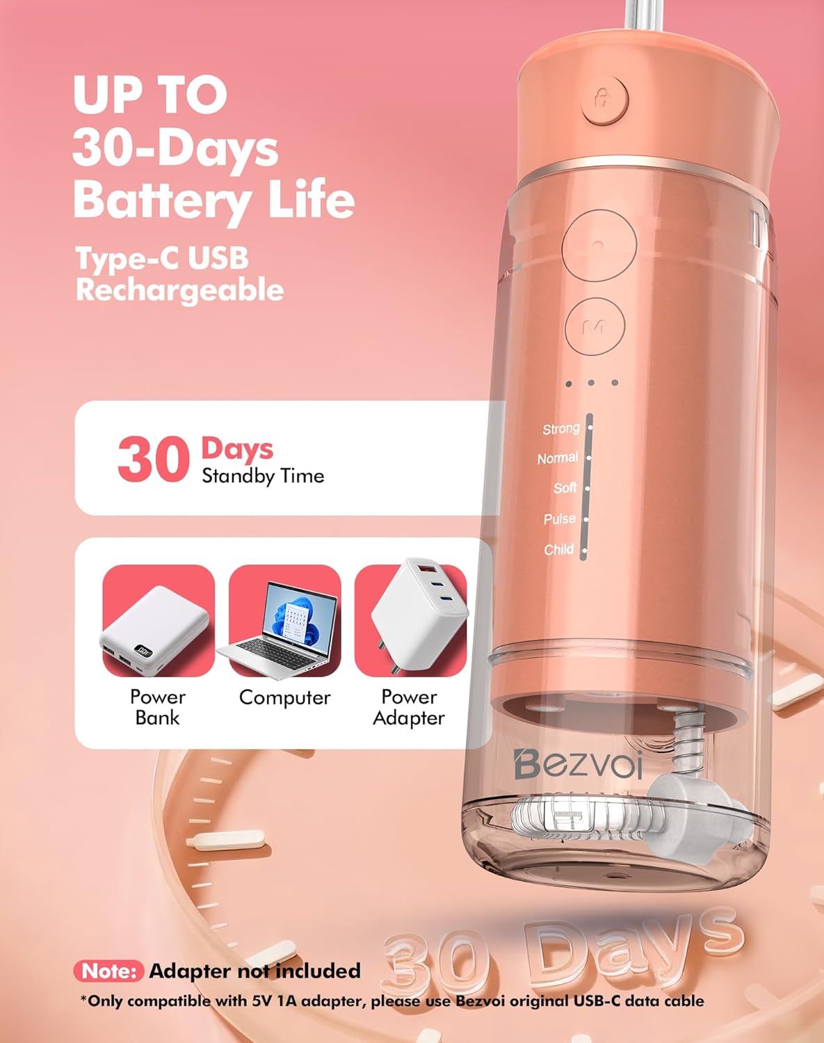 Water Flosser Mini Cordless Portable: 5 Modes Water Dental Floss with Telescopic Water Tank, 6 Tips, IPX7 Waterproof Oral Irrigator for Teeth Cleaning Gums,Orthodontic,Braces Dental Care (Peach Fuzz)