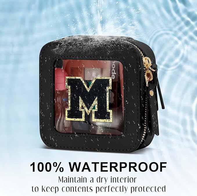 Initial Travel Toiletry Bag - Cosmetic Bags for Girls with Zipper, Clear & Potable Girls Makeup Bag for Travel, Small Cosmetic Pouch Perfect Gifts for Graduation (Black, M)