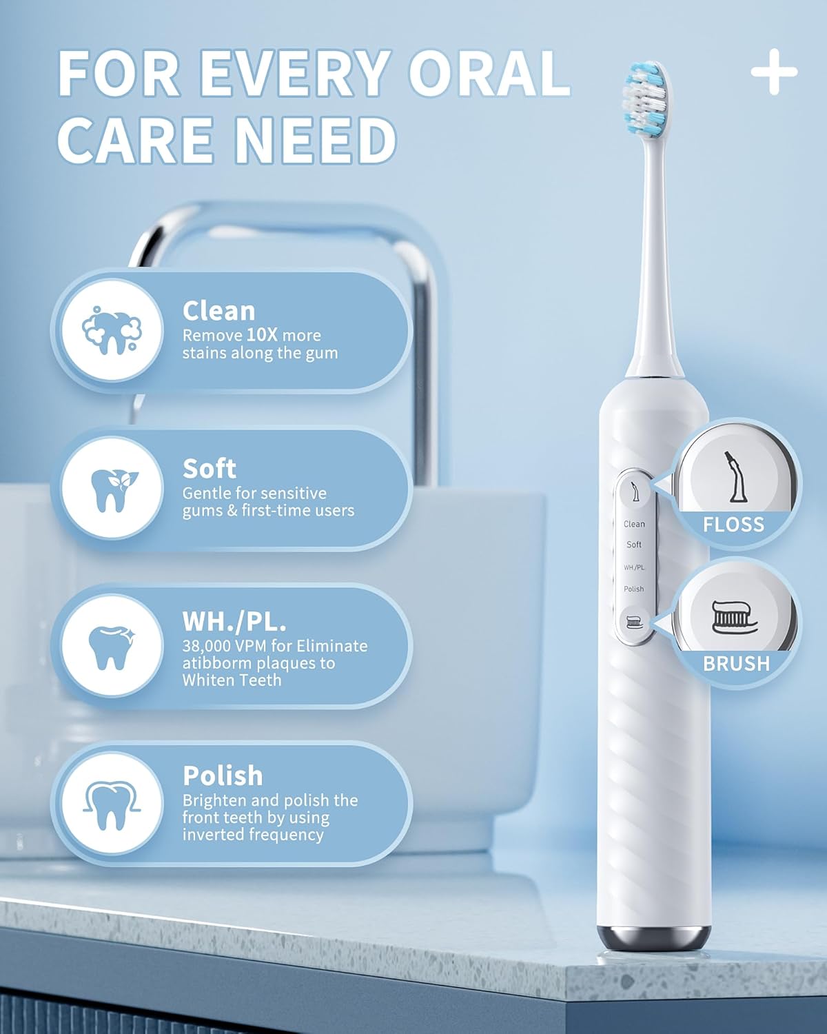 Electric Toothbrush with Water Flosser – 2-in-1 Teeth Cleaning Kit, Electric Toothbrush and flosser Combo，Toothbrush with 3 Cleaning Modes, Portable Water flosser Design for Home & Travel (White)
