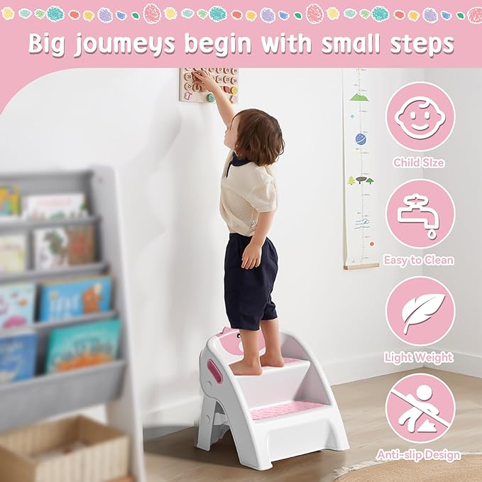 TPN Toddler Step Stool for Bathroom Sink and Potty Training Durable Anti-Slip,Anti-Tip A-Frame,10-Second Assembly, 2-Step Potty Stool with Wide Steps (Pink)