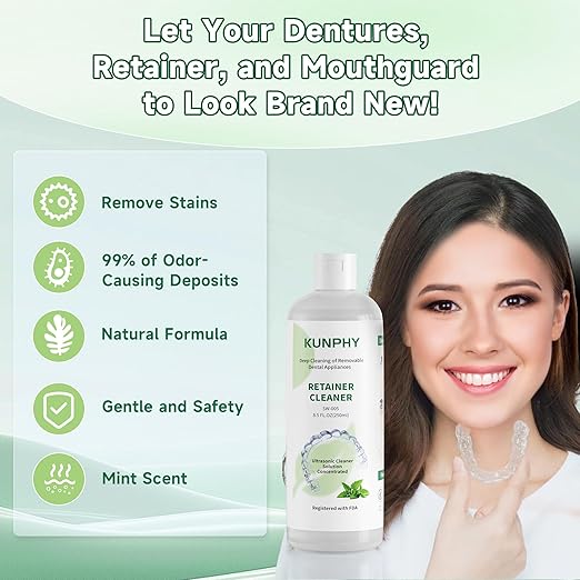 KUNPHY Ultrasonic Retainer Cleaner Solution Concentrate-Professional Cleaning of Retainers, Denture, Invisible Aligners, Mouth Guards, Night Guards, Remove Odors, Discoloration & Stains 8 oz(Mint)