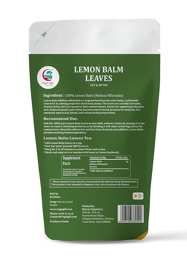 Lemon Balm Leaves 4 oz – Dried lemon balm leaves for Tea, Herbal Infusions & Wellness – Refreshing, Mild Mint Flavor – 100% Natural & Pure – By Yogi’s Gift®