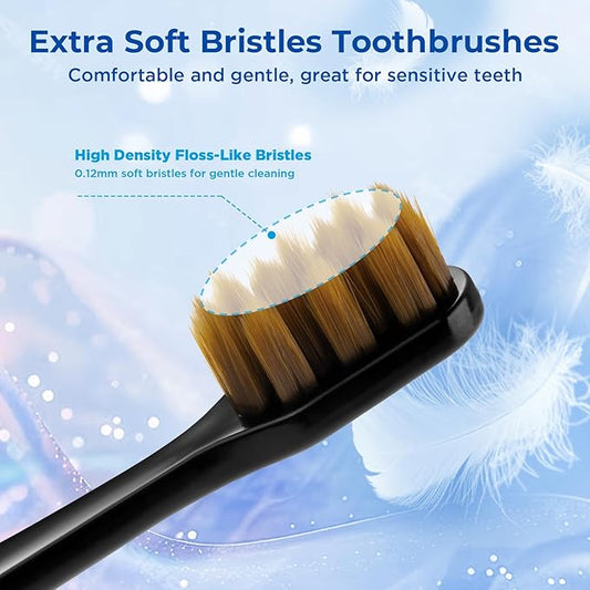 Soft Bristle Toothbrush, Micro Nano Flossing Toothbrushes with Multi-Layered Shaped Bristles for Whiten Teeth and Removes Plaque, Designed for Sensitive Teeth & Gums-Black Head