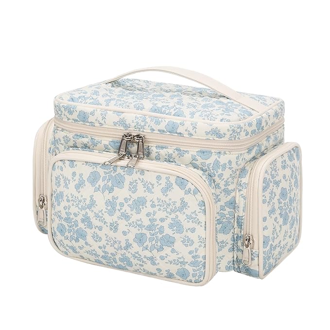 Large Cotton Makeup Bag, Quilted Floral Makeup Bag Organizer for Women Girls with Makeup Brush Compartment & Two Side Pockets, Cosmetic Travel Bag Vertical Storage- Blue Flower