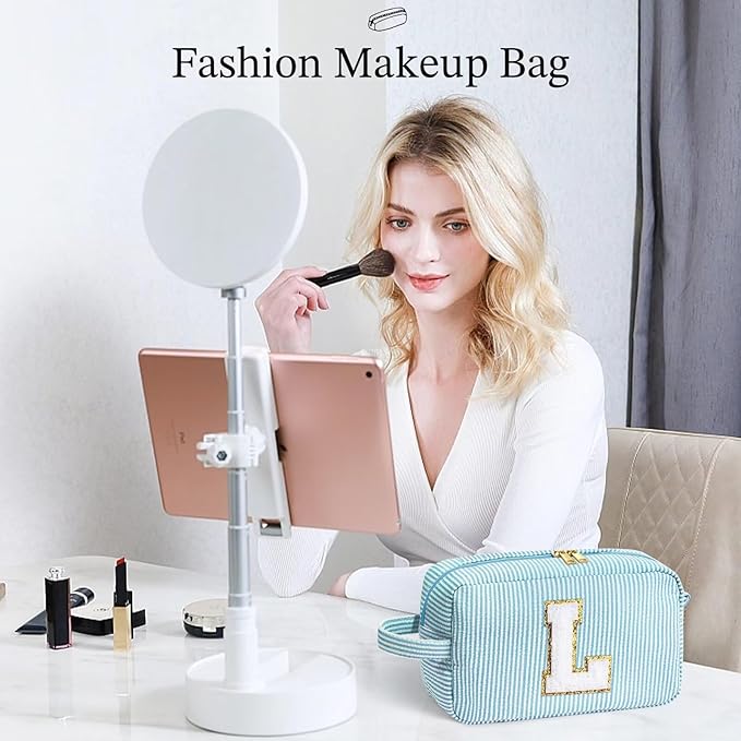 YOOLIFE Travel Makeup Cosmetic Bag - Personalized Monogram Cute Blue Initial Makeup Bags Cosmetic Toiletry Bag Pouch Make Up Case for Women Her Mom Friend Sister Teacher, Birthday Gifts for Women V