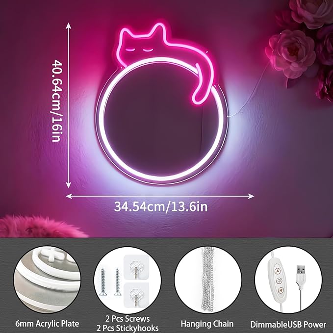 Pink Cat Neon Light Acrylic Mirror, Dimmable Circle Wall Decor with USB Power, Shatterproof Unbreakable for Girls Kids Bedroom