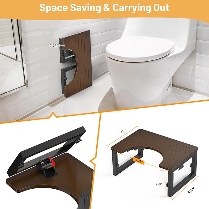 Bamboo Toilet Stool Squat, 7in 8 in & 9in Adjustable Heights, Foldable Poop Stools for Bathroom Adults Kids, Squat Stool Potty with Non-Slip, Sturdy Pooping Step Stools, Brown