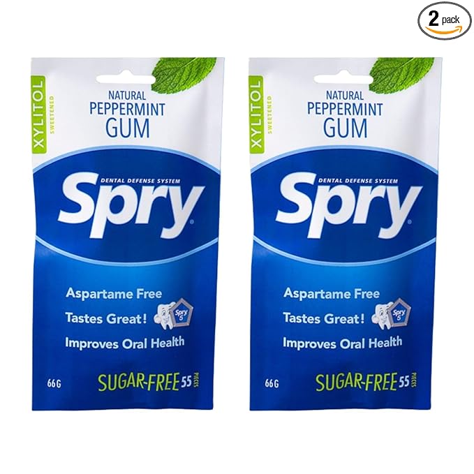 Spry On The Go Fresh Natural Xylitol Chewing Gum Dental Defense System - Aspartame-Free, Sugar-Free, Non-GMO (Peppermint, 55 Count - Pack of 2)
