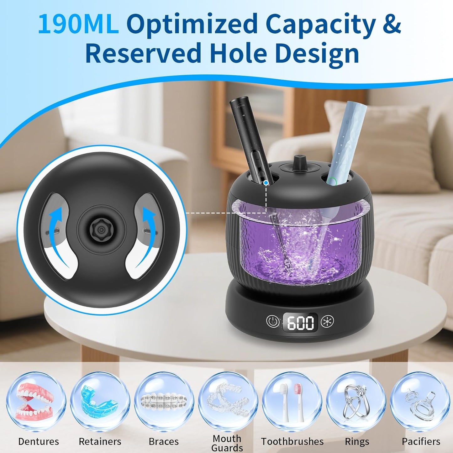 2025 Upgraded Ultrasonic Retainer Cleaner Machine,Separate Retainer Cleaner for Night Guards, Braces, Aligner, Toothbrush, Jewelry, 4 Modes Denture Cleaner & Removable Base and Top Cover(Black)