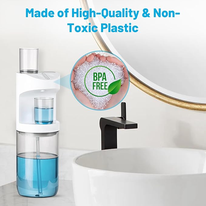 Automatic Mouthwash Dispenser, 19.35oz Touchless Electric Wall-Mounted & Countertop, Rechargeable Mouth Wash Dispensers for Bathroom with Magnetic Cups for Kids & Adults, White