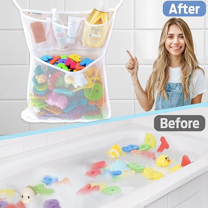 Bath Toy Holder 14x20 Inch, Mesh Bathtub Toy Storage Basket, Kids Bath Net, Tub Holder Bag, Toddler Shower Caddy Hanging Bucket Bin, Baby Bathroom Organizer with 2 Suction Cups, 2 Adhesive Wall Hooks
