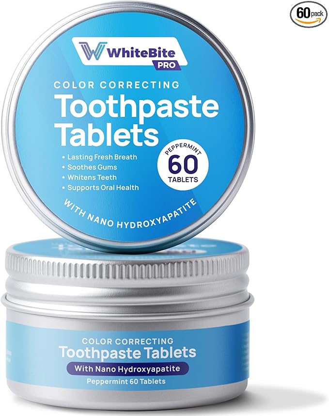 Whitebite Pro Color Correcting Toothpaste Tablets – Natural Whitening & Fresh Breath with Nano Hydroxyapatite | Fluoride-Free, Plastic-Free, Travel-Friendly Toothpaste & Mouthwash (60 Tabs)
