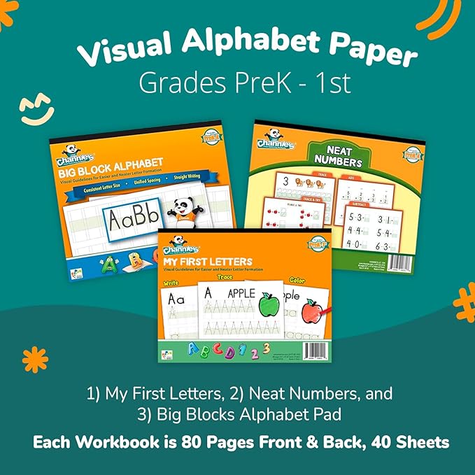 Channie's PreK Kindergarten Handwriting Visual Alphabets & Numbers Learning & Tracing Workbooks, 3 Pack - Alphabet & Numbers Preschool Workbook for Homeschool and After School