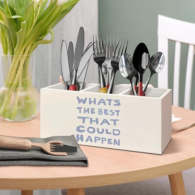 Daily Reminder Positive Affirmations Pen Pencil Holder for Desk, Preppy Light Blue What's the Best That Could Happen Wooden Box Decorative Sign for Home Office Desk Tabletop Decor