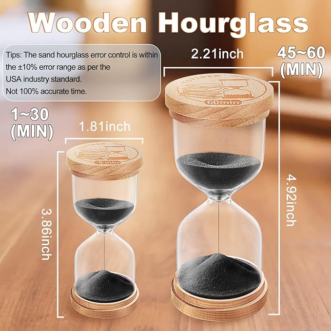 2 Minute Wooden Sand Timer Hourglass:Beech Wood Sand Clock,Small Sand Watch 2 Min,Hour Glass Sandglass for Home,Brushing Teeth,Kitchen (Black)