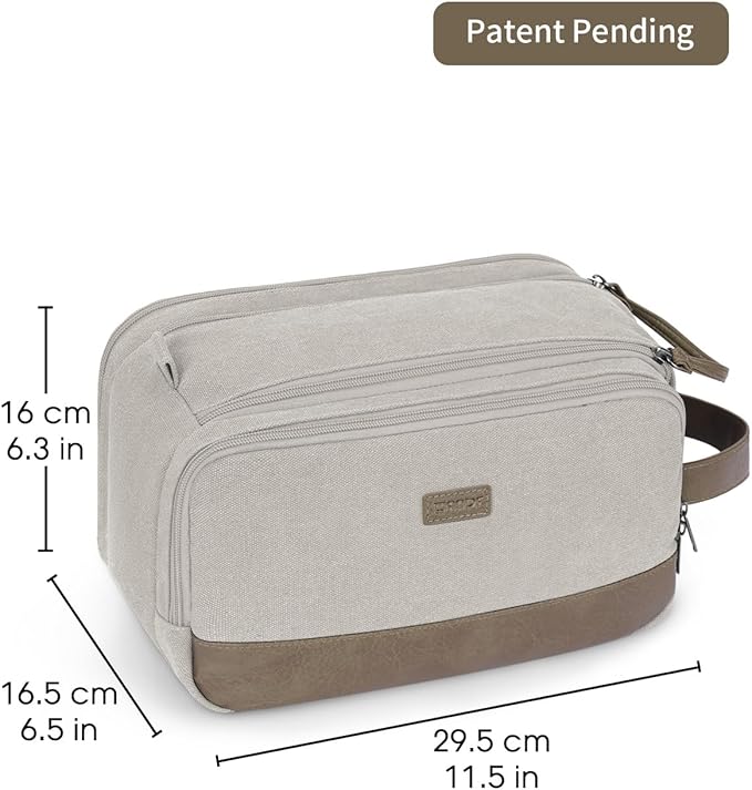 WANDF Toiletry Bag for Men Travel Toiletry Organizer Canvas and Leather Dopp Kit Water-Resistant Shaving Bag for Travel Accessories (Cream Beige, Large)